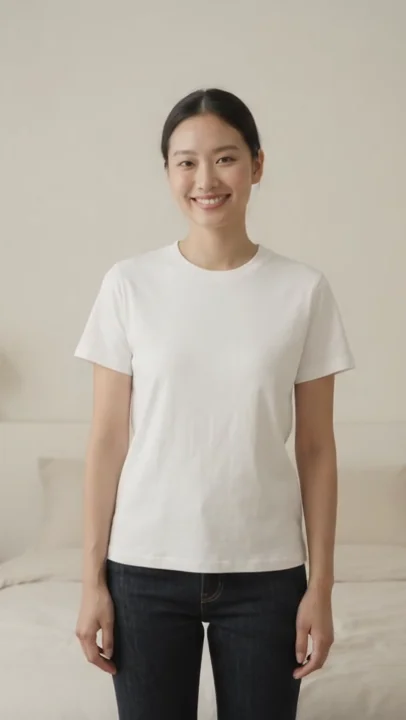 La même personne porte le t-shirt blanc et le jean brut.